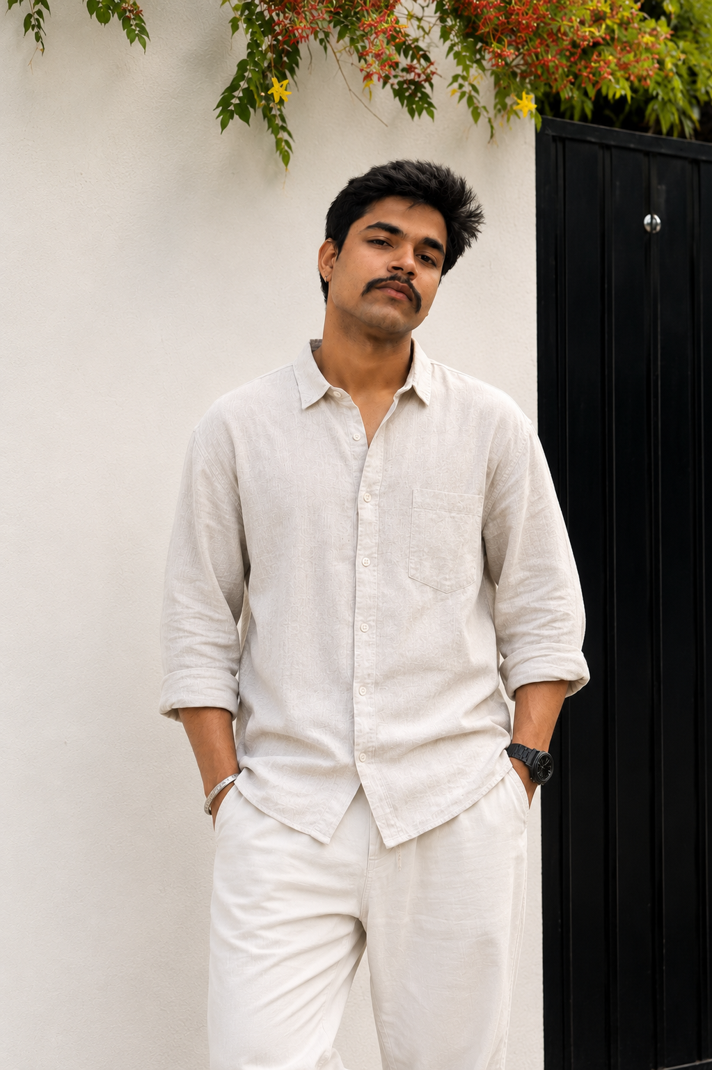Ivory Textured Casual Linen Shirt for Men
